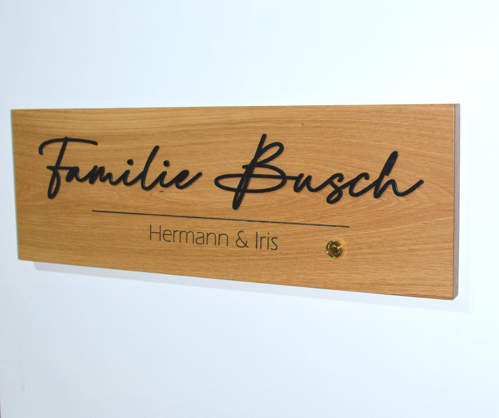 Eichenschild mit Klingel & schwarzes Acryl (57x20cm), Haustürschild, Türschild personalisiert, Eingangsschild, Namensschild Haustür.