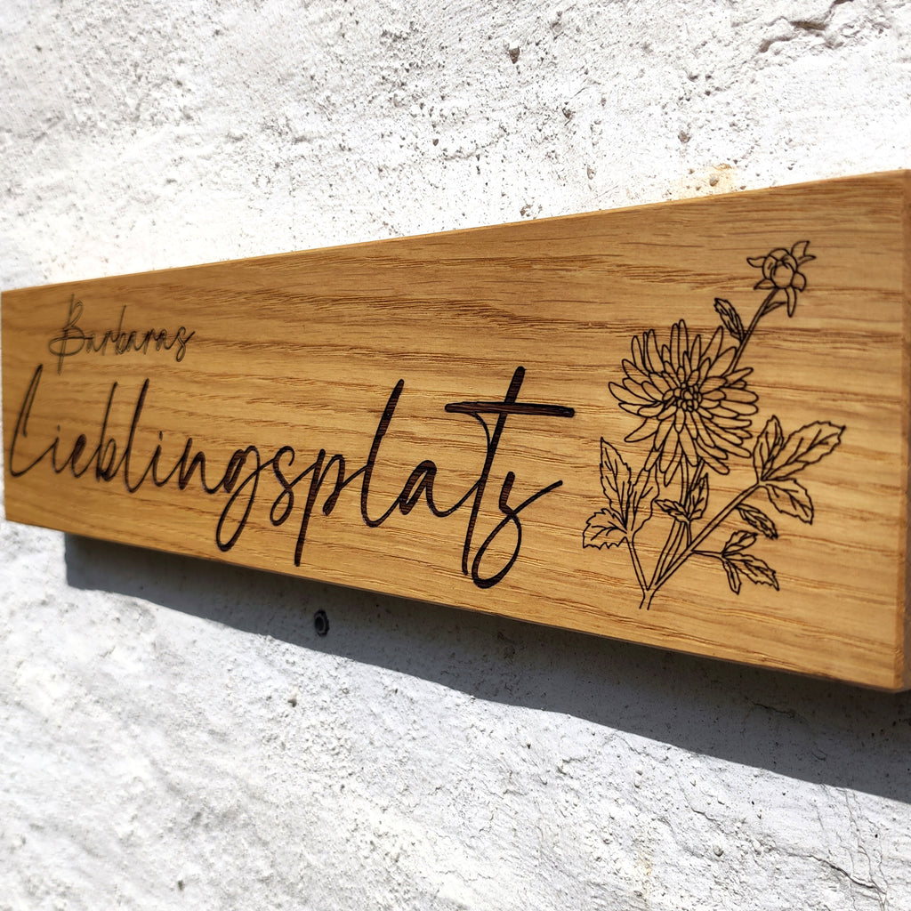 Lieblingsplatz (38x9cm), Eichenschild, Haustürschild, Türschild personalisiert,  Eingangsschild, Eiche Holzschild, Namensschild Haustür.