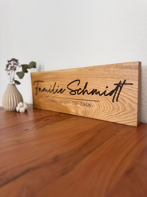 Eichenschild (57x20cm), Haustürschild, Willkommen, Türschild personalisiert, Eingangsschild, Eiche Holzschild, Namensschild Haustür.